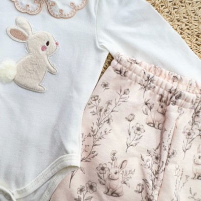 Conj. Body Manga Longa Coelhinha e Calça em Moletinho - Rose e Off White